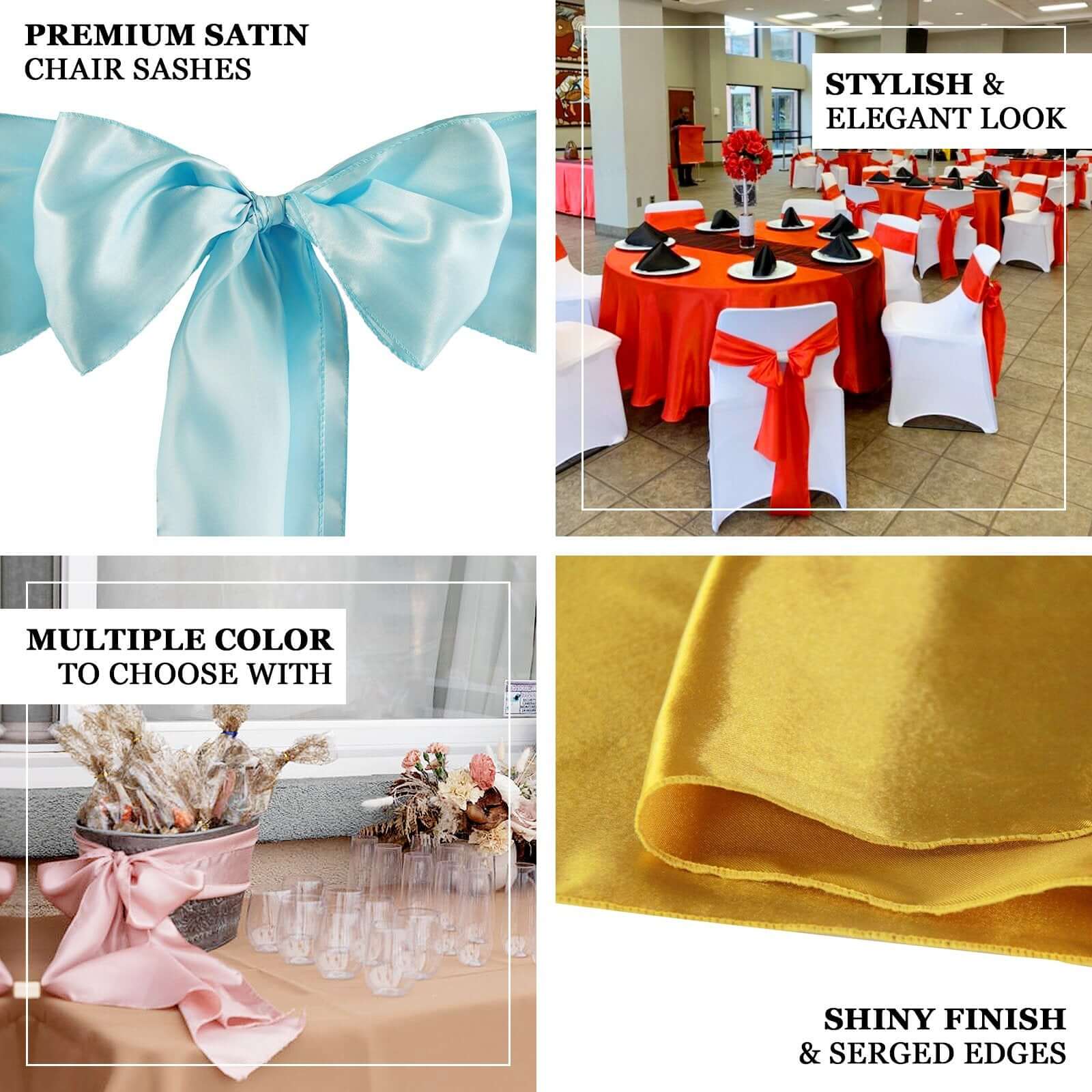 5 Pack Satin Chair Sashes Gold - Durable Chair Bows with Shiny Finish for Classy Event Chair Decor 6"x106" - Linen Luxes