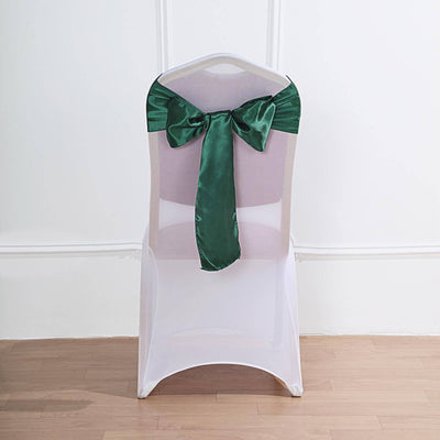 5 Pack Satin Chair Sashes Hunter Emerald Green - Durable Chair Bows with Shiny Finish 6"x106" - Linen Luxes