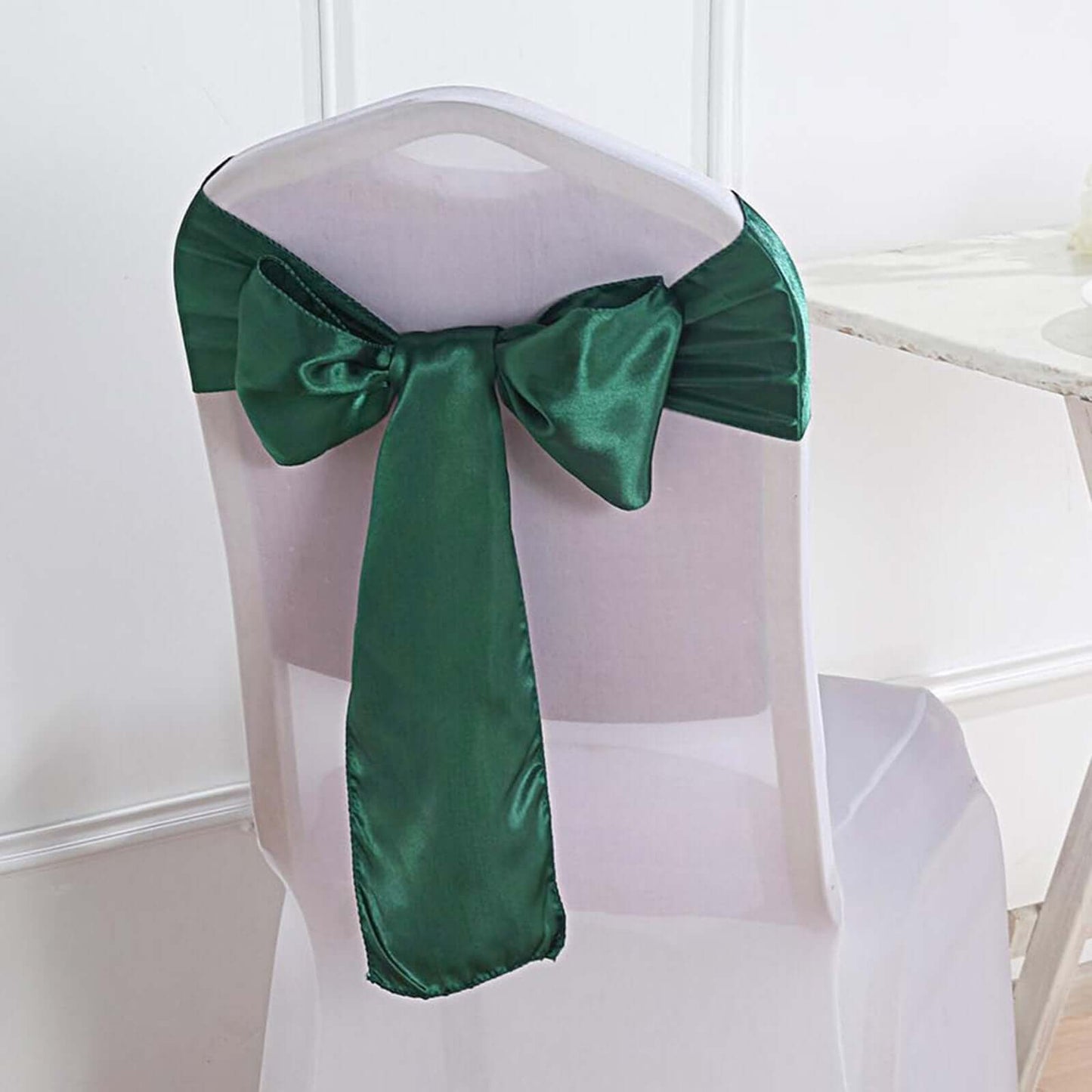 5 Pack Satin Chair Sashes Hunter Emerald Green - Durable Chair Bows with Shiny Finish 6"x106" - Linen Luxes