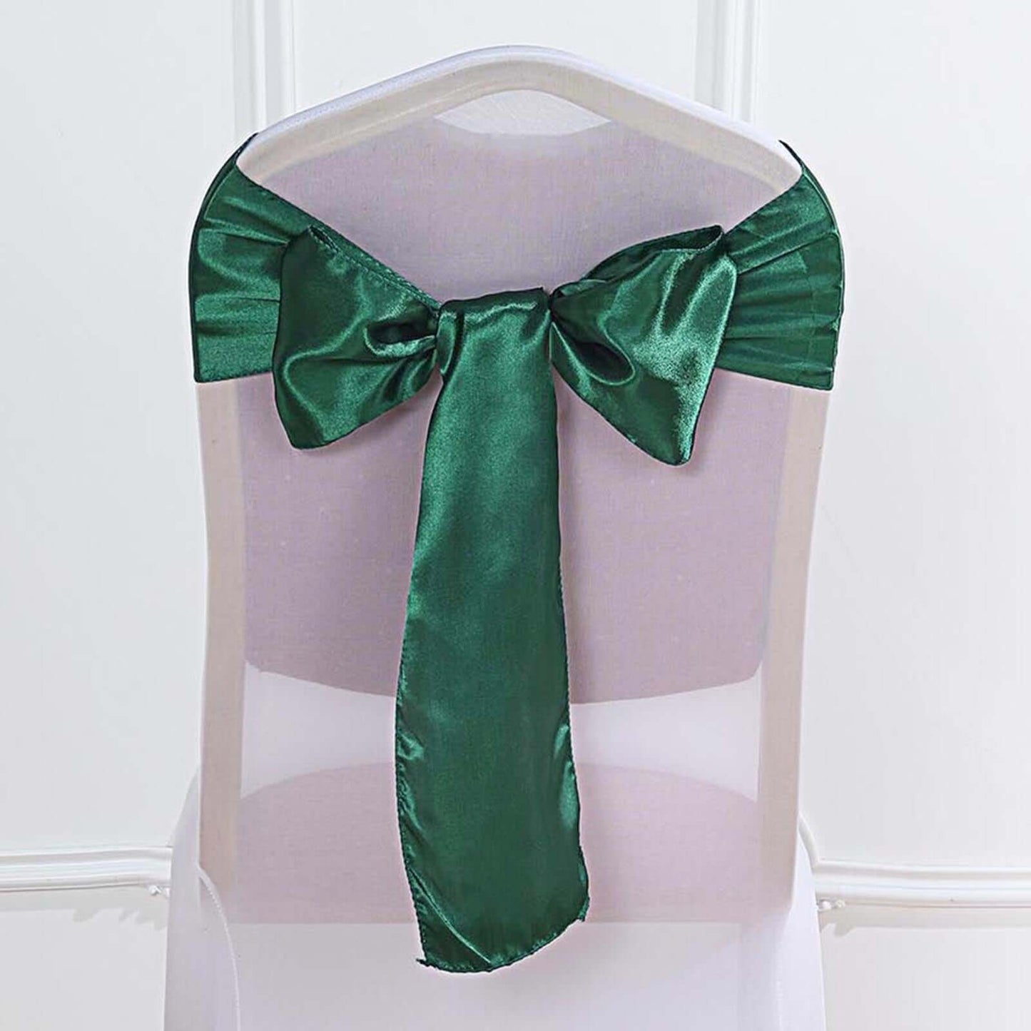 5 Pack Satin Chair Sashes Hunter Emerald Green - Durable Chair Bows with Shiny Finish 6"x106" - Linen Luxes
