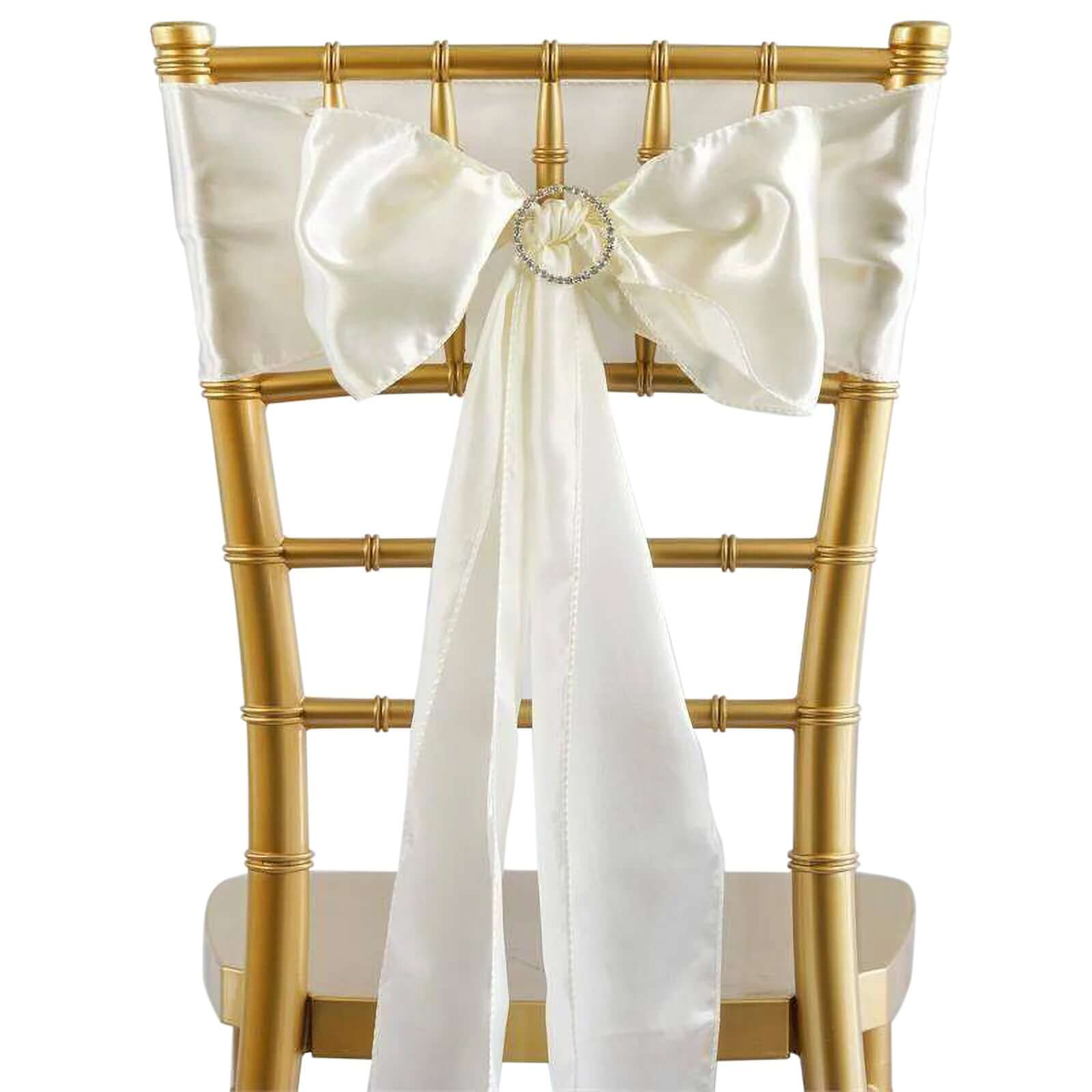 5 Pack Satin Chair Sashes Ivory - Durable Chair Bows with Shiny Finish 6"x106" - Linen Luxes