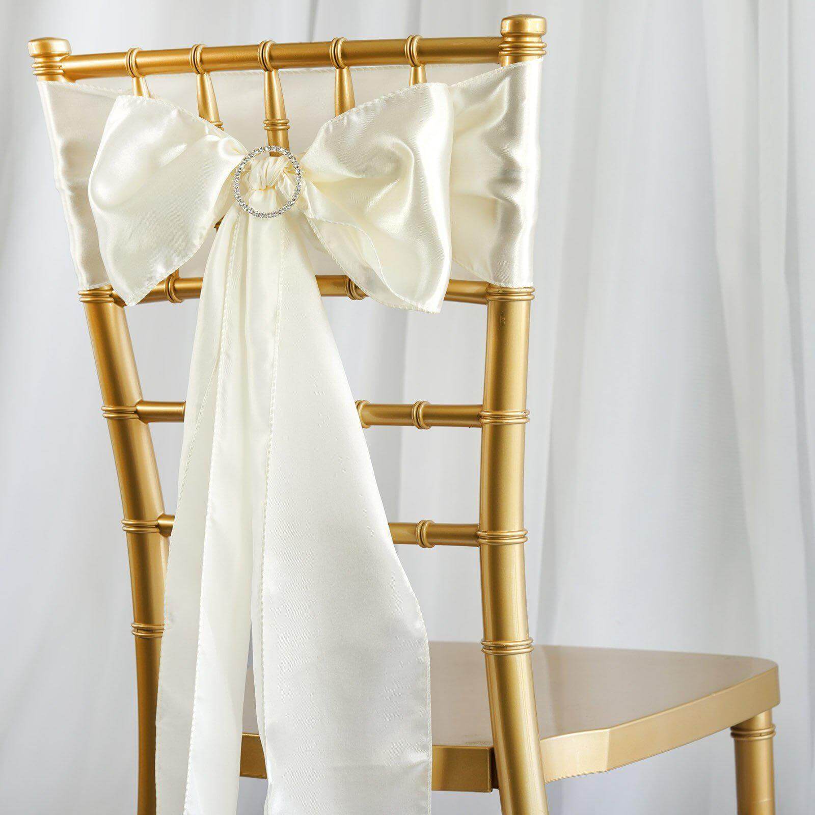 5 Pack Satin Chair Sashes Ivory - Durable Chair Bows with Shiny Finish 6"x106" - Linen Luxes