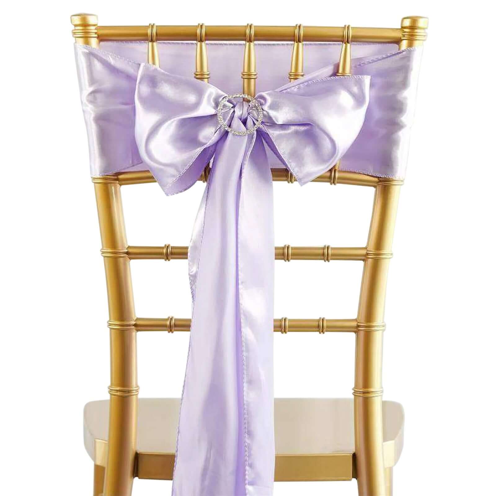5 Pack Satin Chair Sashes Lavender Lilac - Durable Chair Bows with Shiny Finish 6"x106" - Linen Luxes