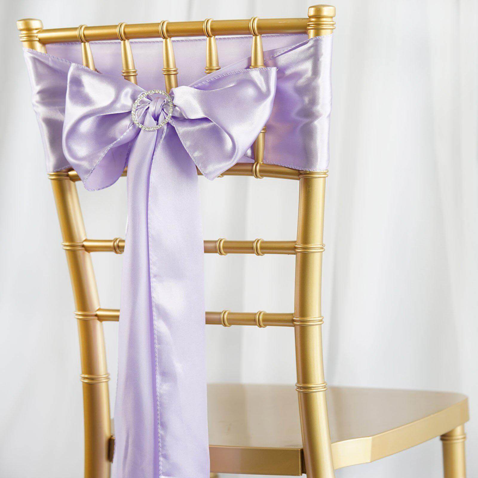 5 Pack Satin Chair Sashes Lavender Lilac - Durable Chair Bows with Shiny Finish 6"x106" - Linen Luxes