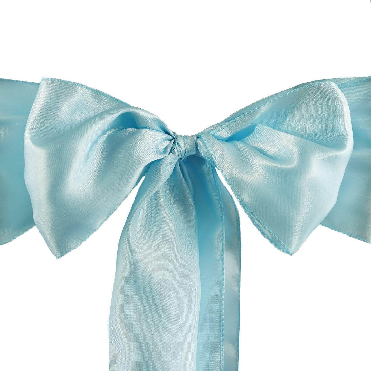 5 Pack Satin Chair Sashes Light Blue - Durable Chair Bows with Shiny Finish 6"x106" - Linen Luxes