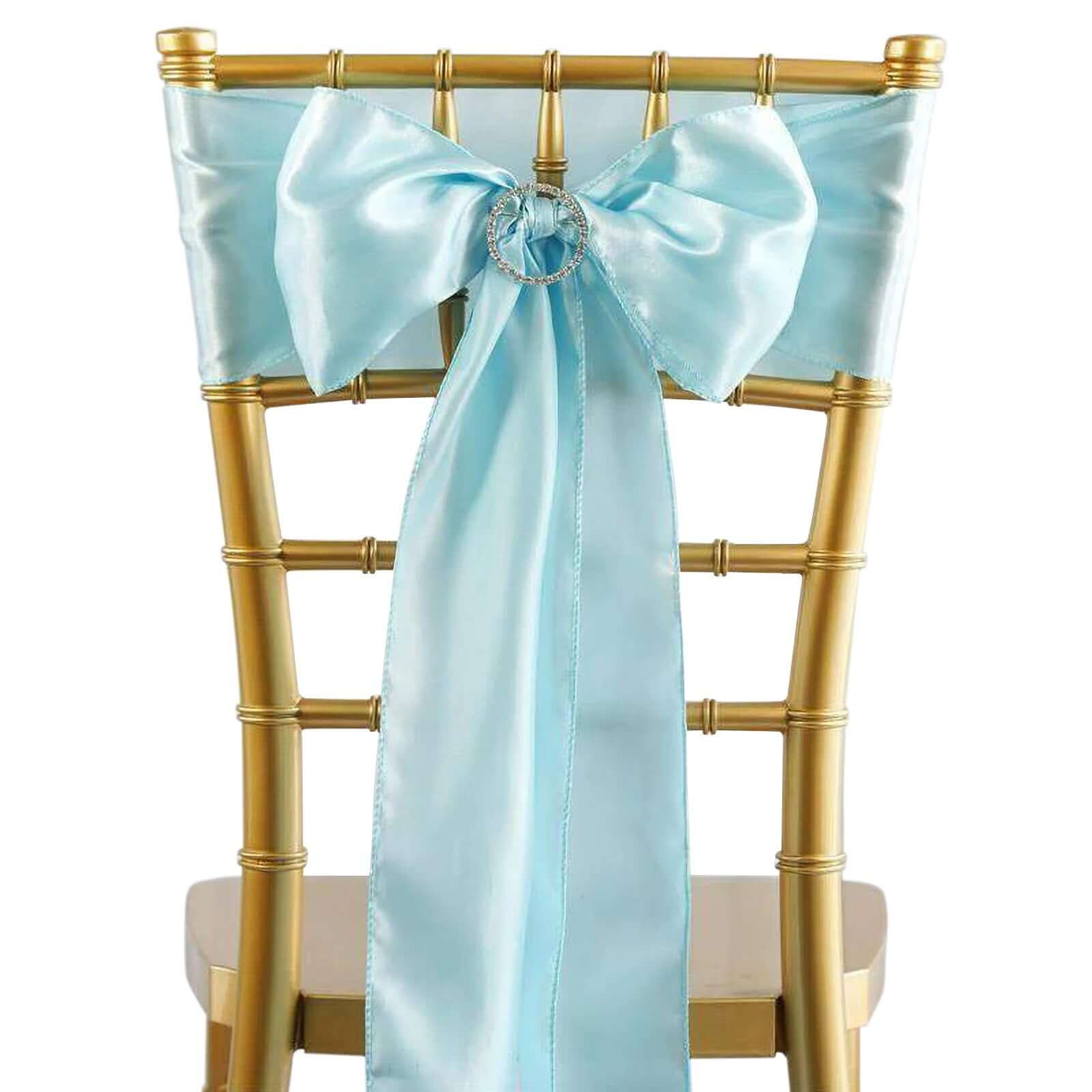 5 Pack Satin Chair Sashes Light Blue - Durable Chair Bows with Shiny Finish 6"x106" - Linen Luxes