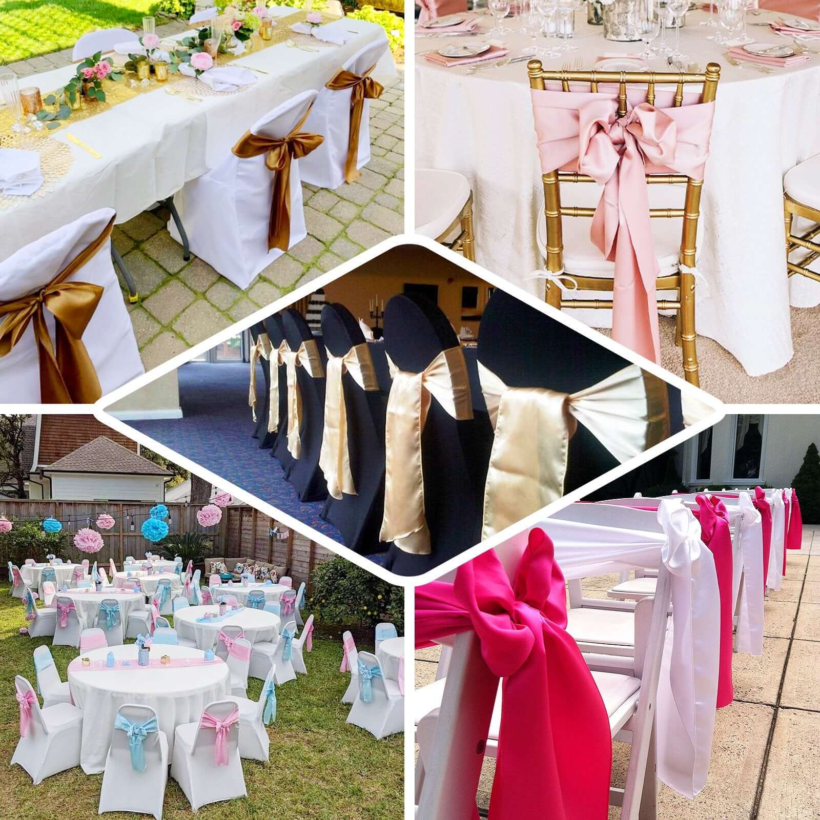 5 Pack Satin Chair Sashes Light Blue - Durable Chair Bows with Shiny Finish 6"x106" - Linen Luxes