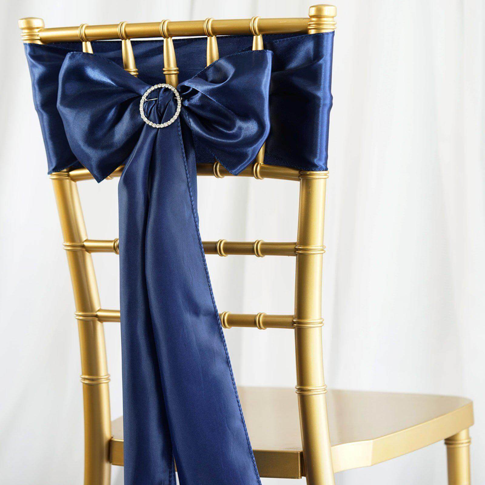 5 Pack Satin Chair Sashes Navy Blue - Durable Chair Bows with Shiny Finish 6"x106" - Linen Luxes