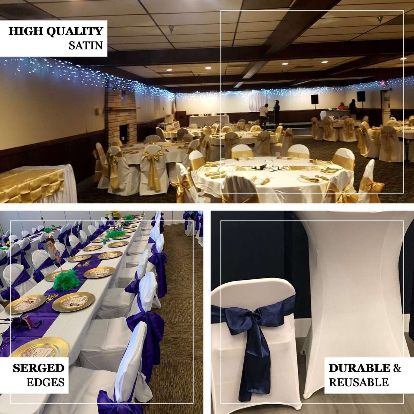 5 Pack Satin Chair Sashes Navy Blue - Durable Chair Bows with Shiny Finish 6"x106" - Linen Luxes