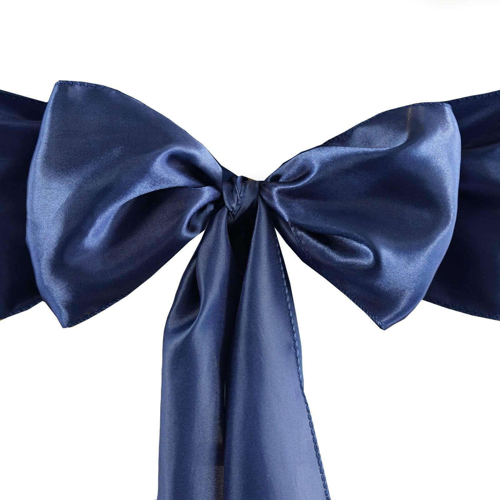 5 Pack Satin Chair Sashes Navy Blue - Durable Chair Bows with Shiny Finish 6"x106" - Linen Luxes