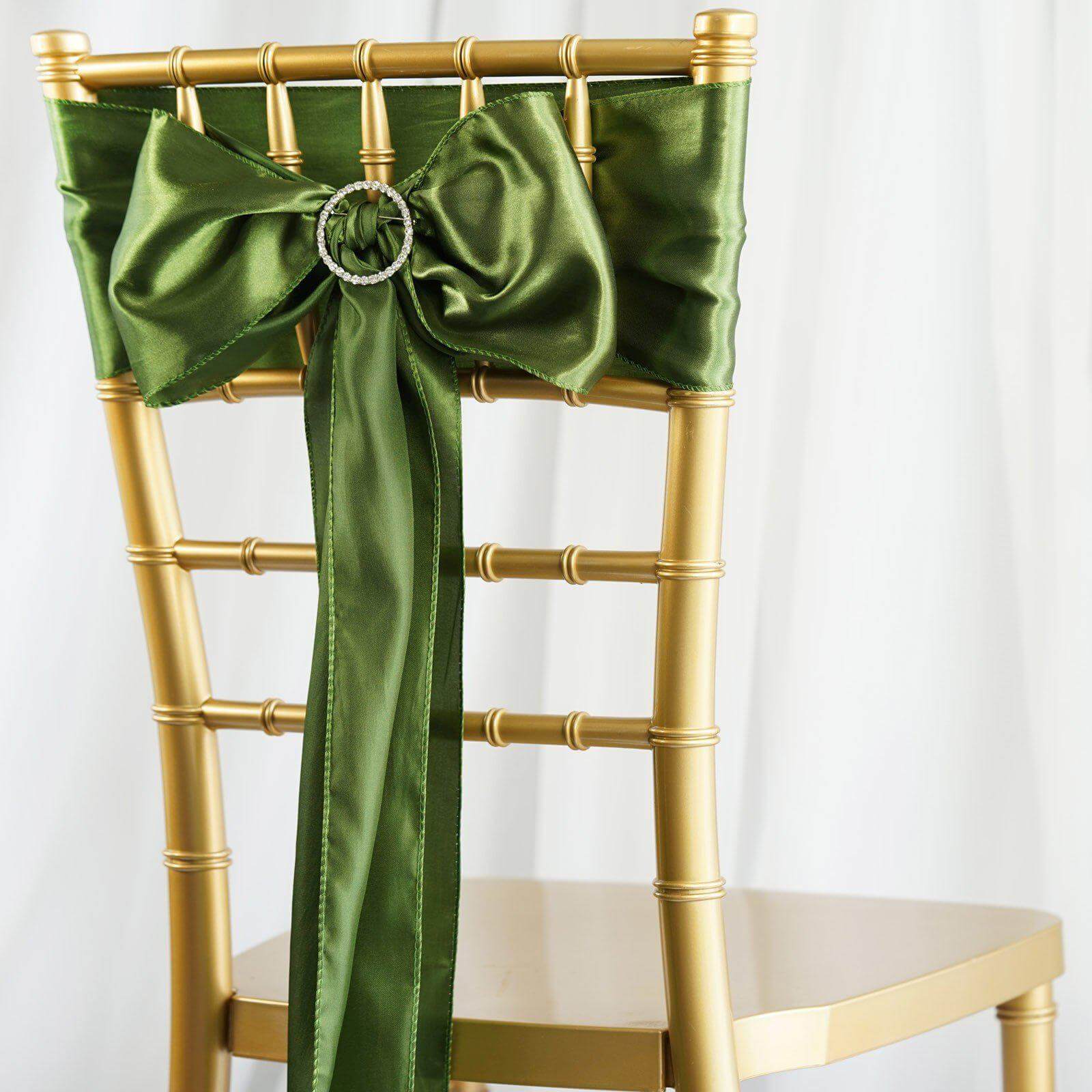 5 Pack Satin Chair Sashes Olive Green - Durable Chair Bows with Shiny Finish 6"x106" - Linen Luxes