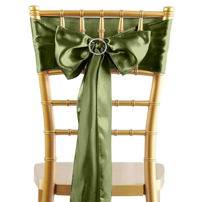 5 Pack Satin Chair Sashes Olive Green - Durable Chair Bows with Shiny Finish 6"x106" - Linen Luxes