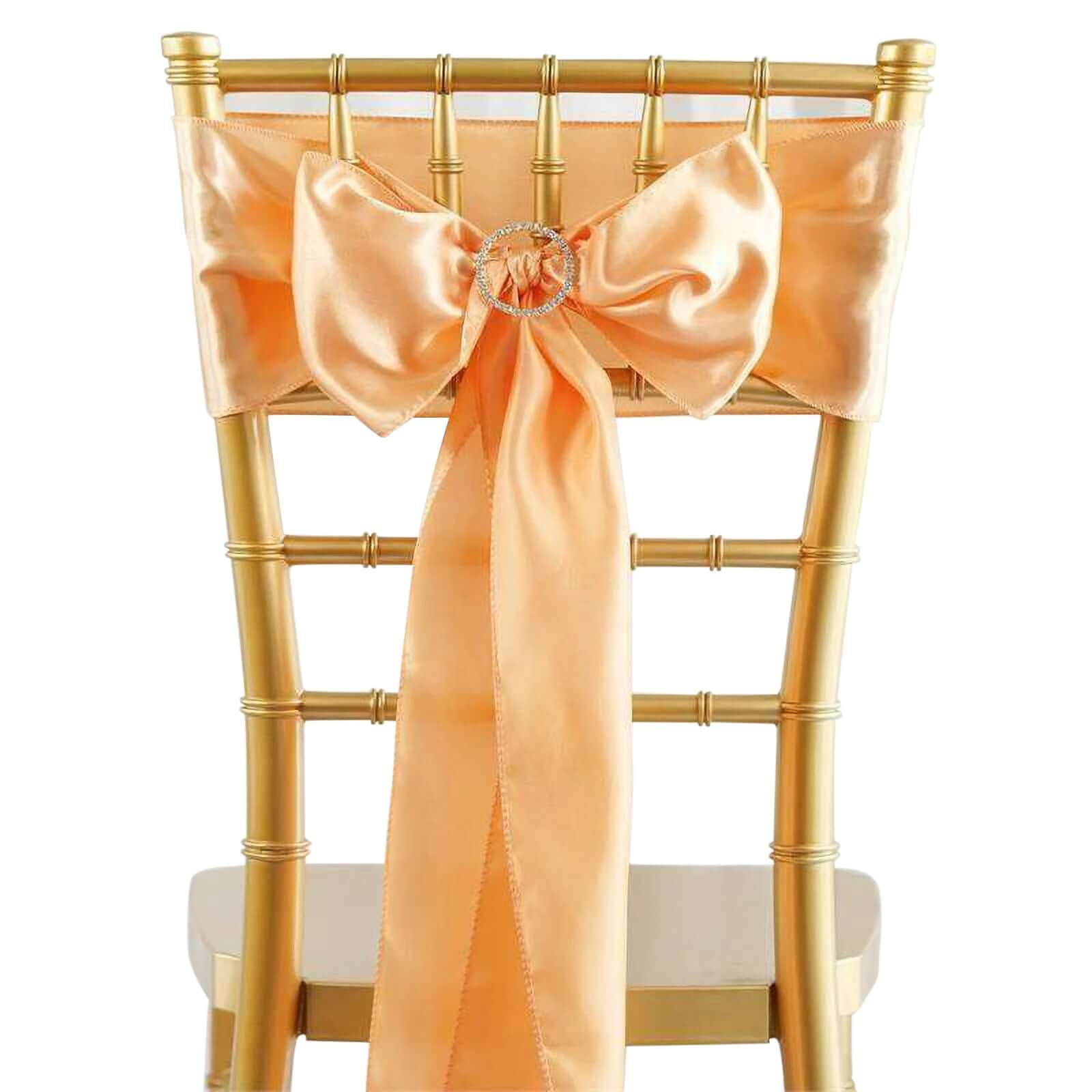 5 Pack Satin Chair Sashes Peach - Durable Chair Bows with Shiny Finish 6"x106" - Linen Luxes
