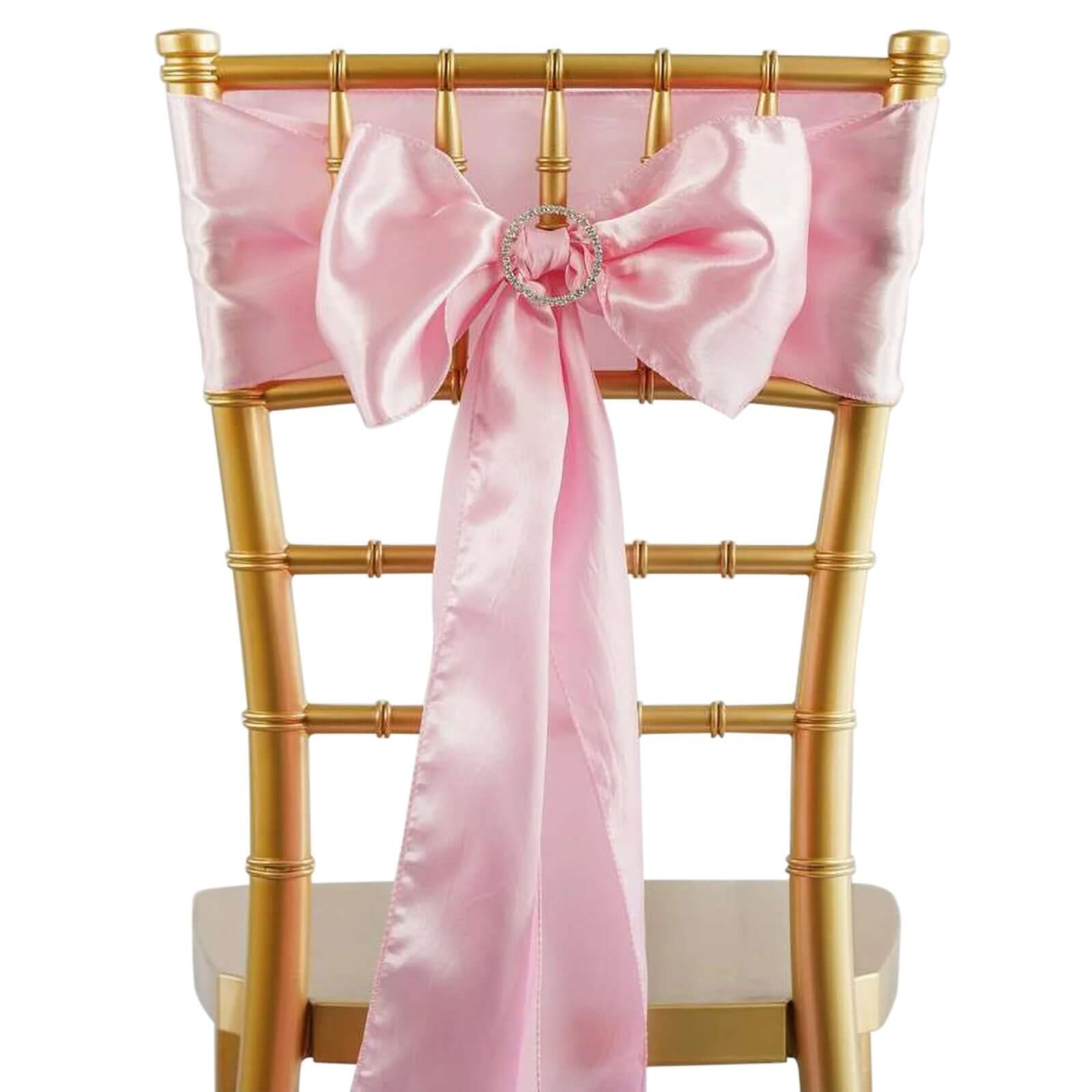 5 Pack Satin Chair Sashes Pink - Durable Chair Bows with Shiny Finish 6"x106" - Linen Luxes