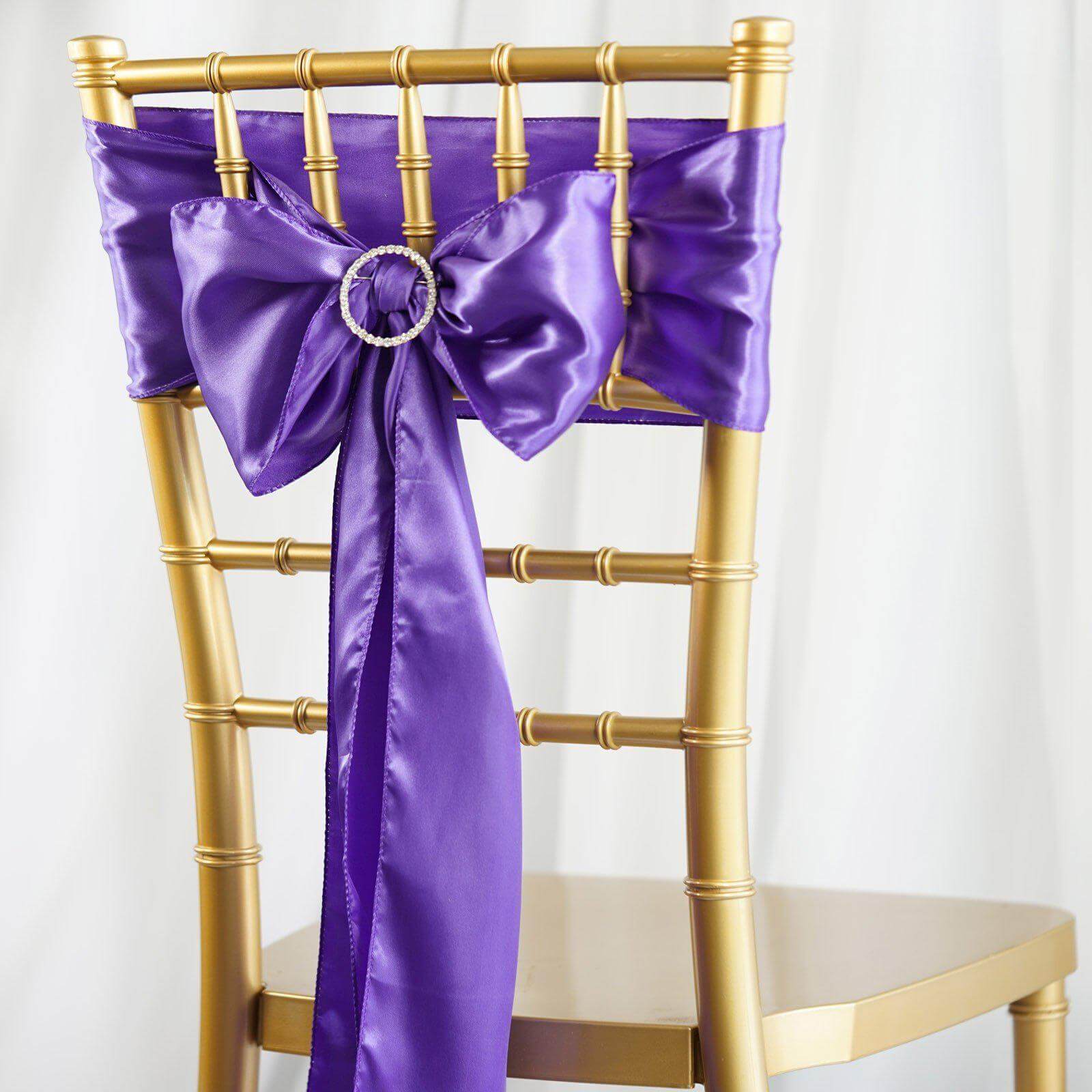 5 Pack Satin Chair Sashes Purple - Durable Chair Bows with Shiny Finish 6"x106" - Linen Luxes