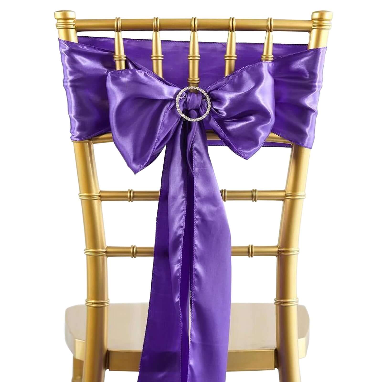 5 Pack Satin Chair Sashes Purple - Durable Chair Bows with Shiny Finish 6"x106" - Linen Luxes