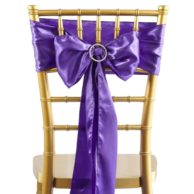 5 Pack Satin Chair Sashes Purple - Durable Chair Bows with Shiny Finish 6"x106" - Linen Luxes