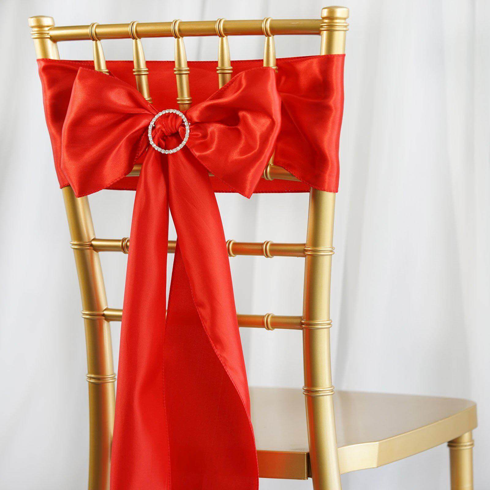 5 Pack Satin Chair Sashes Red - Durable Chair Bows with Shiny Finish 6"x106" - Linen Luxes
