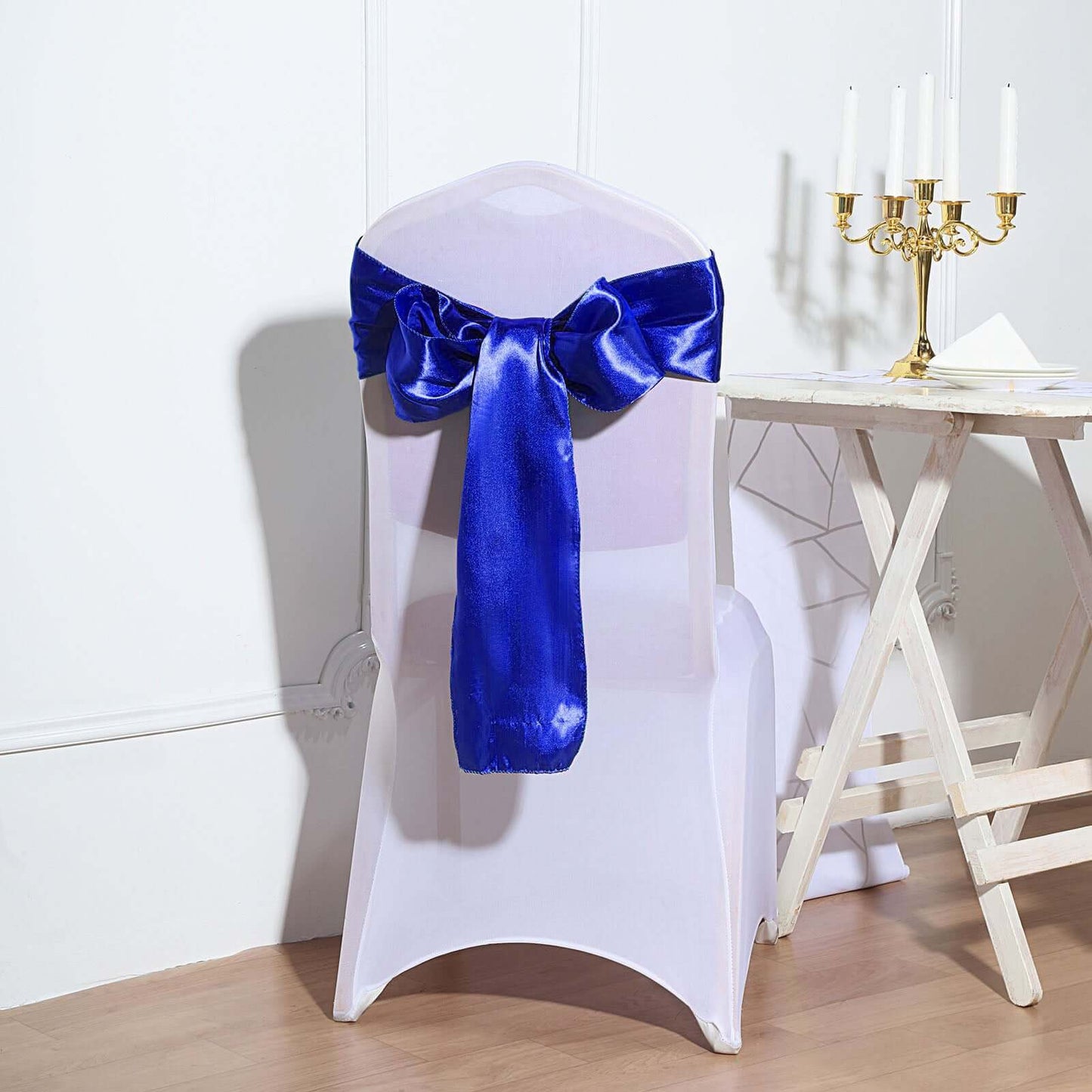 5 Pack Satin Chair Sashes Royal Blue - Durable Chair Bows with Shiny Finish 6"x106" - Linen Luxes