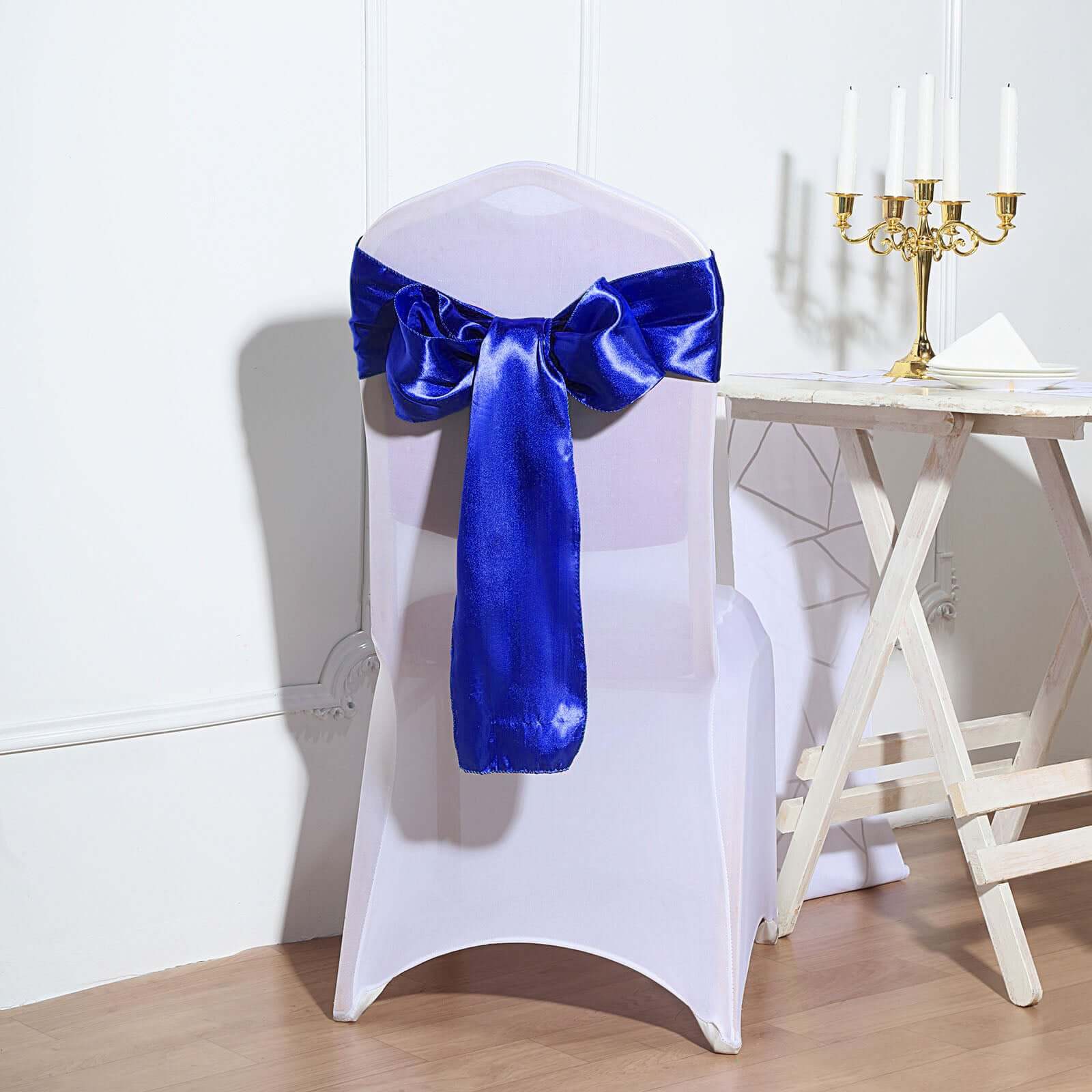 5 Pack Satin Chair Sashes Royal Blue - Durable Chair Bows with Shiny Finish 6"x106" - Linen Luxes