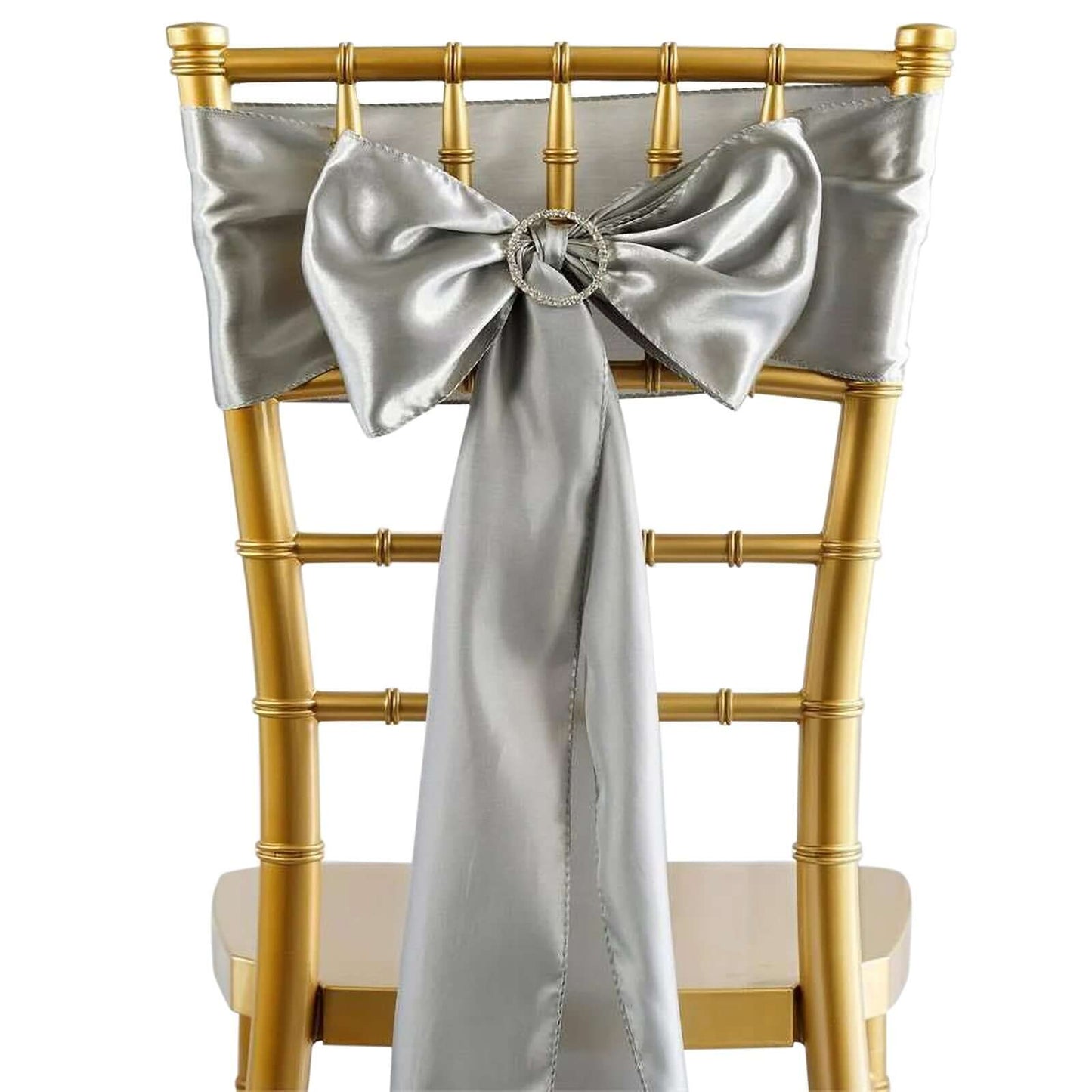 5 Pack Satin Chair Sashes Silver - Durable Chair Bows with Shiny Finish 6"x106" - Linen Luxes