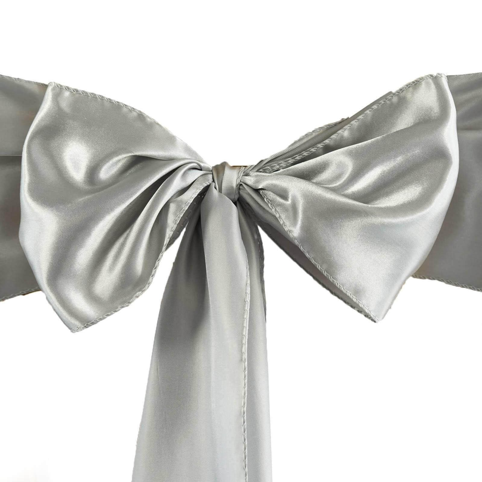 5 Pack Satin Chair Sashes Silver - Durable Chair Bows with Shiny Finish 6"x106" - Linen Luxes