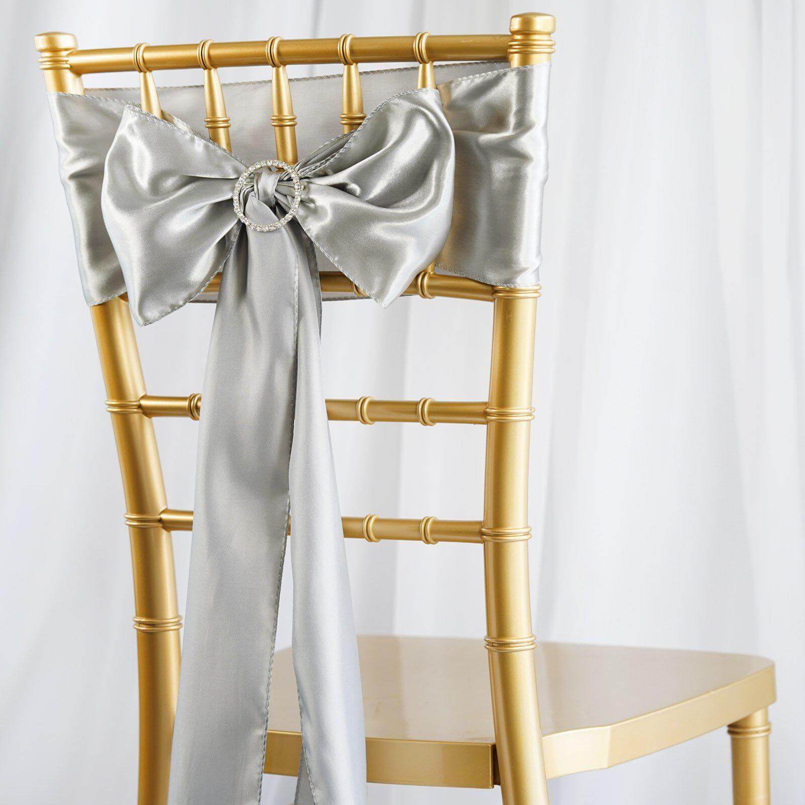5 Pack Satin Chair Sashes Silver - Durable Chair Bows with Shiny Finish 6"x106" - Linen Luxes