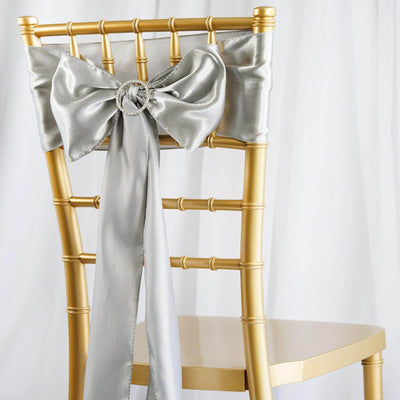 5 Pack Satin Chair Sashes Silver - Durable Chair Bows with Shiny Finish 6"x106" - Linen Luxes