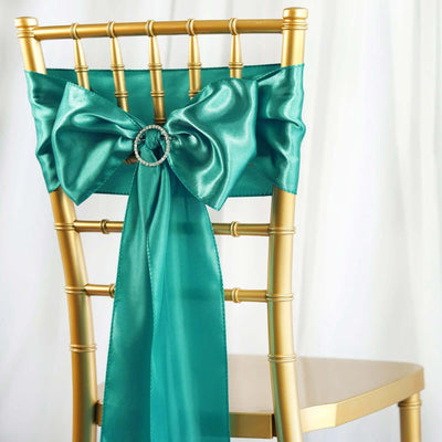5 Pack Satin Chair Sashes Turquoise - Durable Chair Bows with Shiny Finish 6"x106" - Linen Luxes