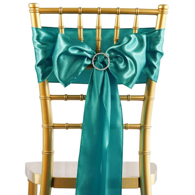 5 Pack Satin Chair Sashes Turquoise - Durable Chair Bows with Shiny Finish 6"x106" - Linen Luxes