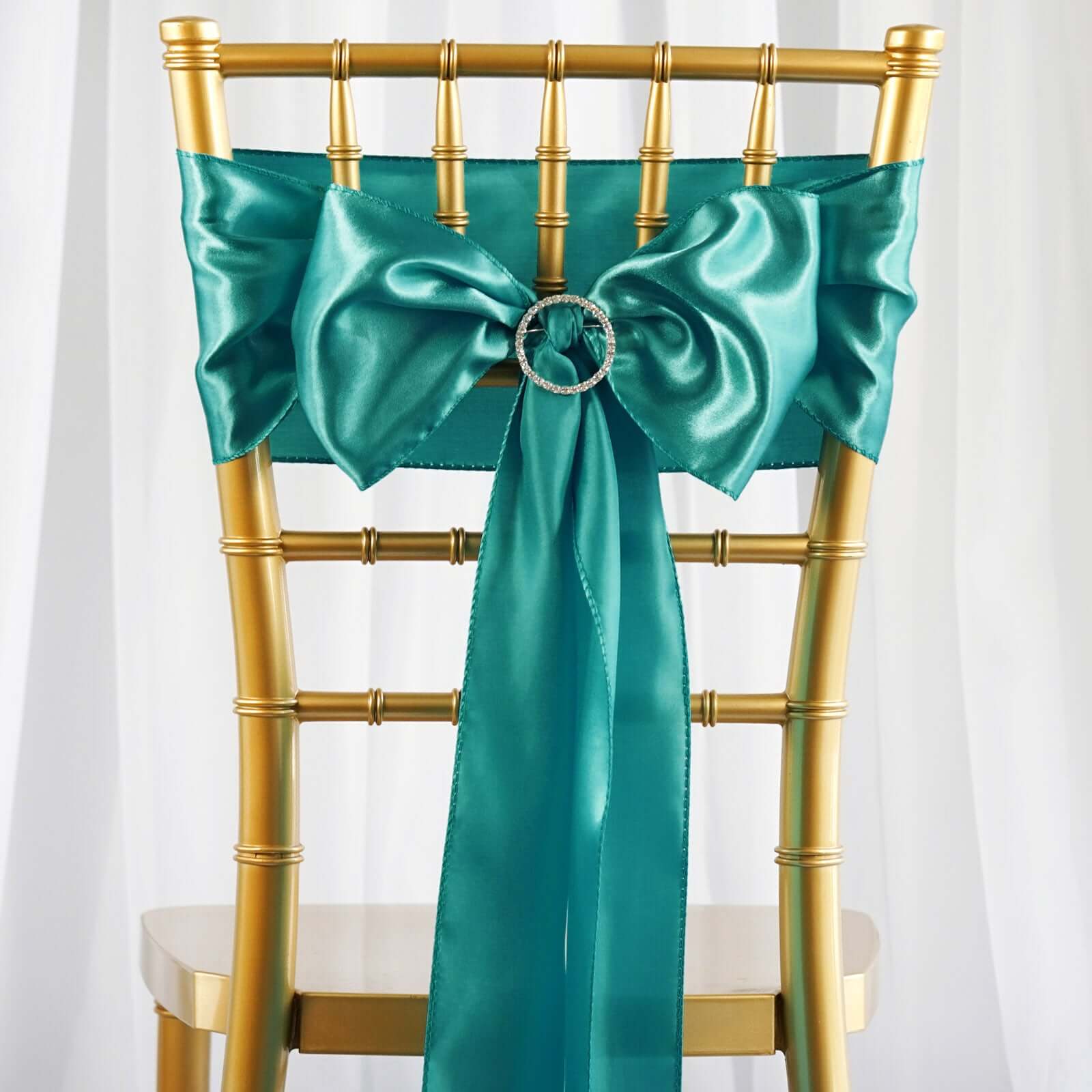 5 Pack Satin Chair Sashes Turquoise - Durable Chair Bows with Shiny Finish 6"x106" - Linen Luxes