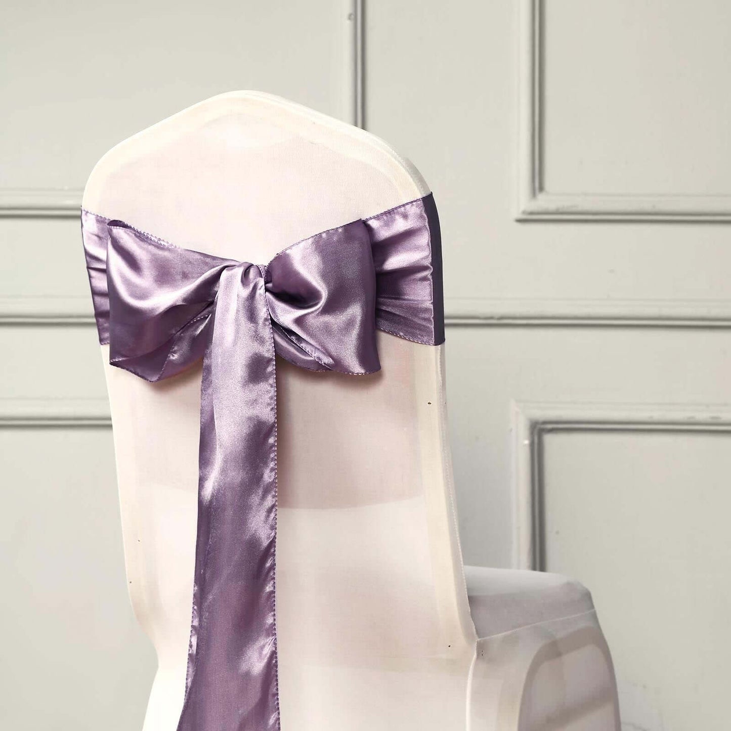 5 Pack Satin Chair Sashes Violet Amethyst - Durable Chair Bows with Shiny Finish 6"x106" - Linen Luxes