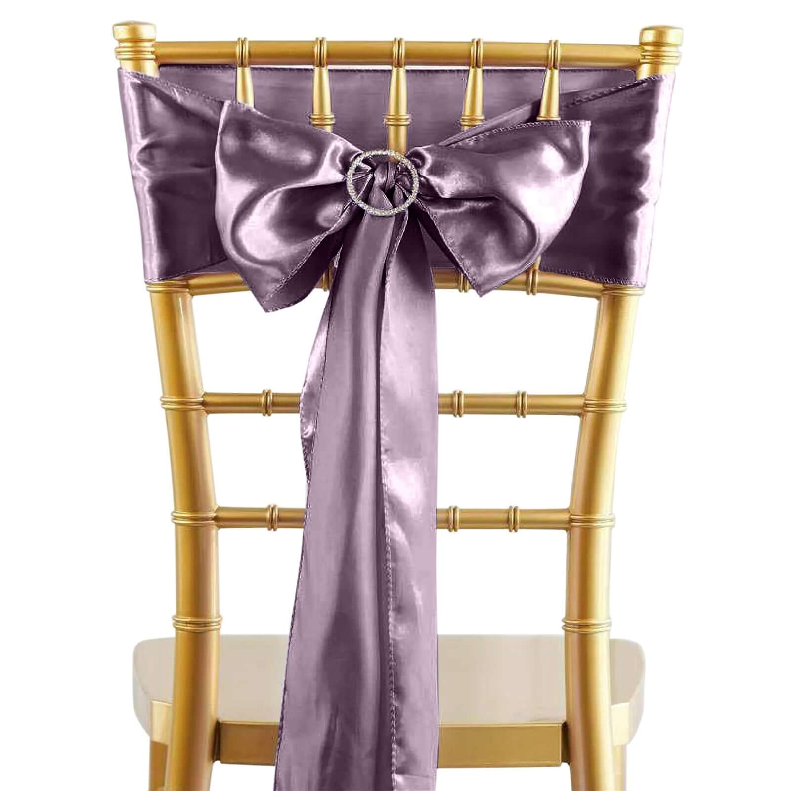 5 Pack Satin Chair Sashes Violet Amethyst - Durable Chair Bows with Shiny Finish 6"x106" - Linen Luxes