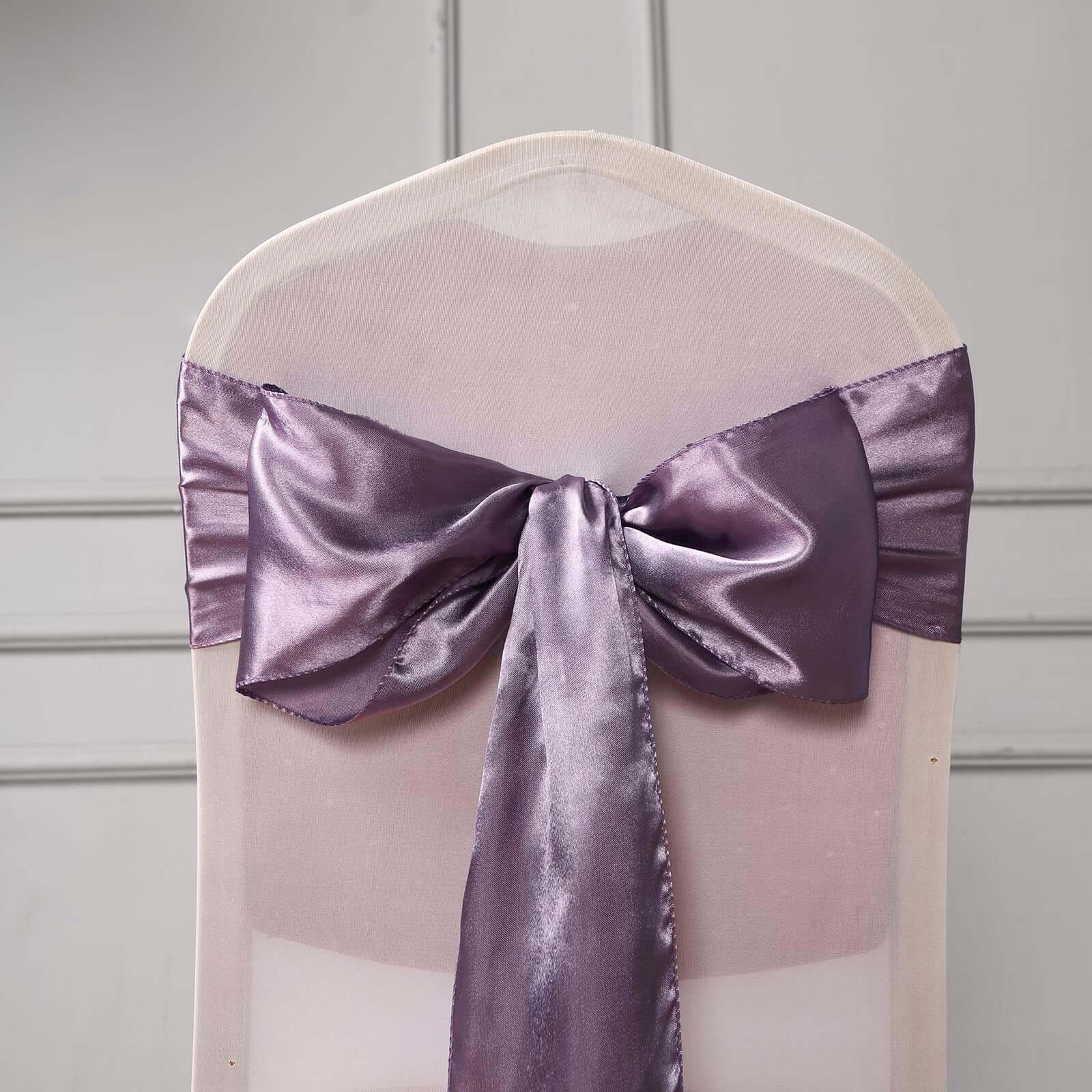 5 Pack Satin Chair Sashes Violet Amethyst - Durable Chair Bows with Shiny Finish 6"x106" - Linen Luxes