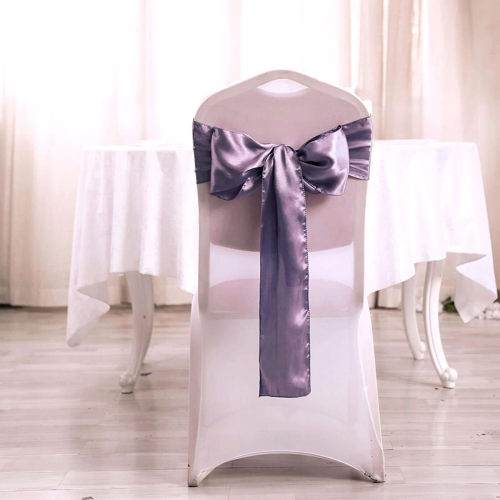5 Pack Satin Chair Sashes Violet Amethyst - Durable Chair Bows with Shiny Finish 6"x106" - Linen Luxes