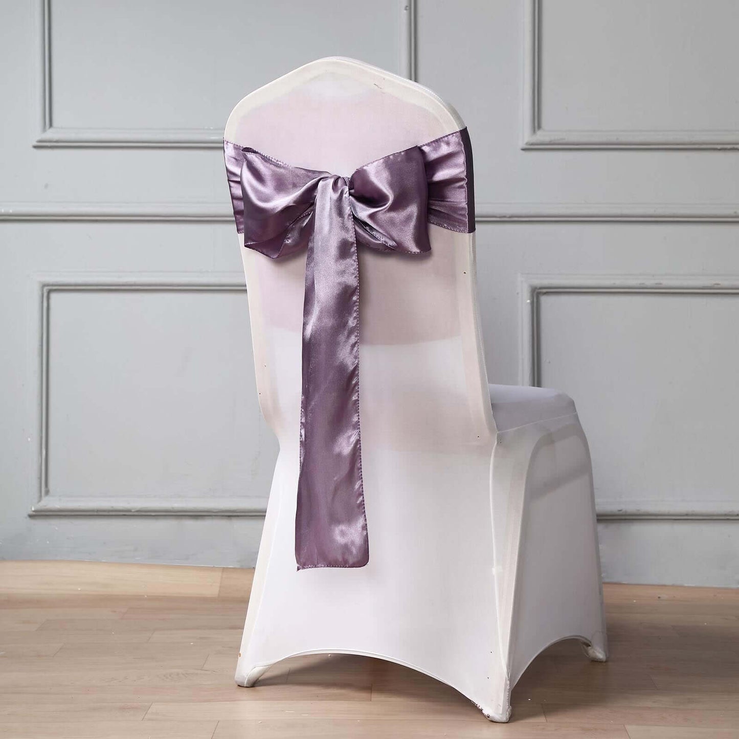 5 Pack Satin Chair Sashes Violet Amethyst - Durable Chair Bows with Shiny Finish 6"x106" - Linen Luxes