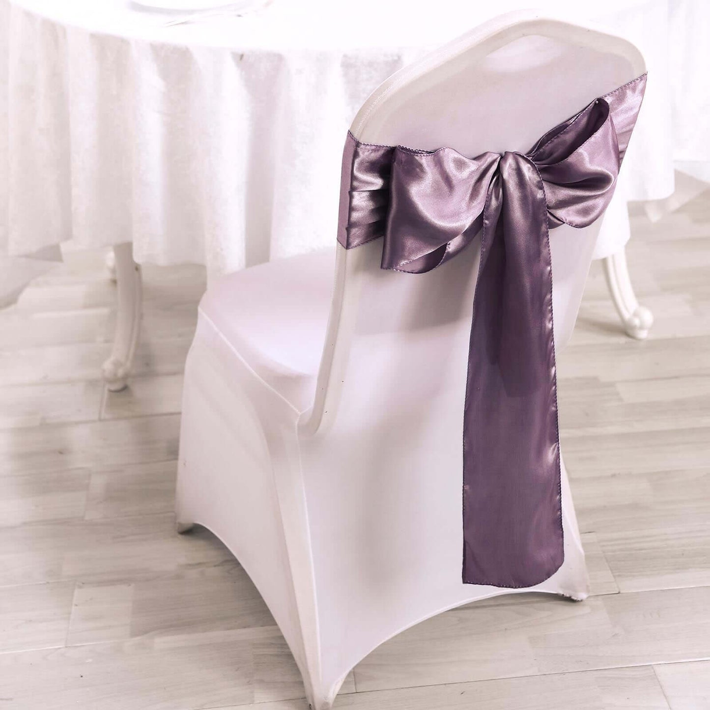 5 Pack Satin Chair Sashes Violet Amethyst - Durable Chair Bows with Shiny Finish 6"x106" - Linen Luxes