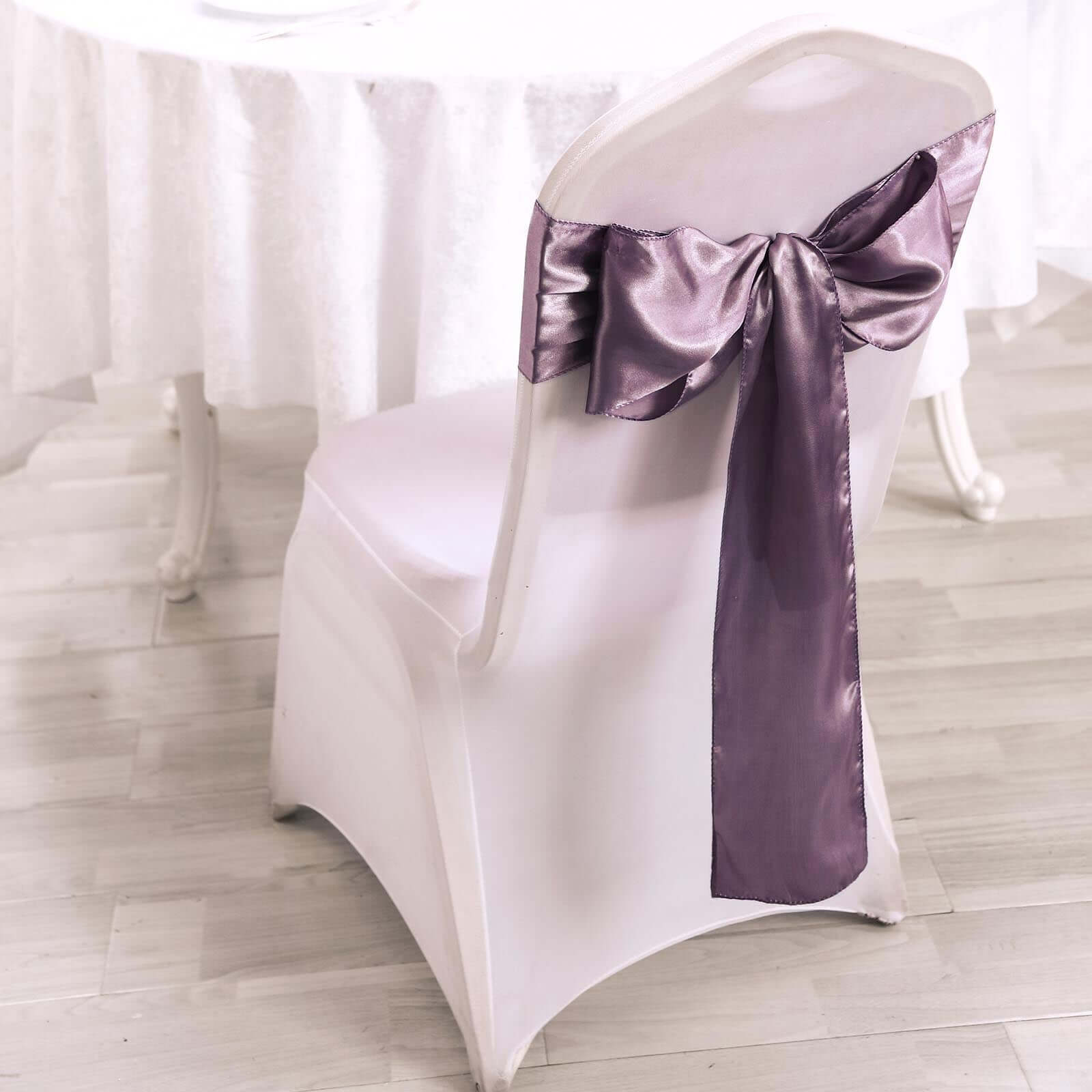 5 Pack Satin Chair Sashes Violet Amethyst - Durable Chair Bows with Shiny Finish 6"x106" - Linen Luxes