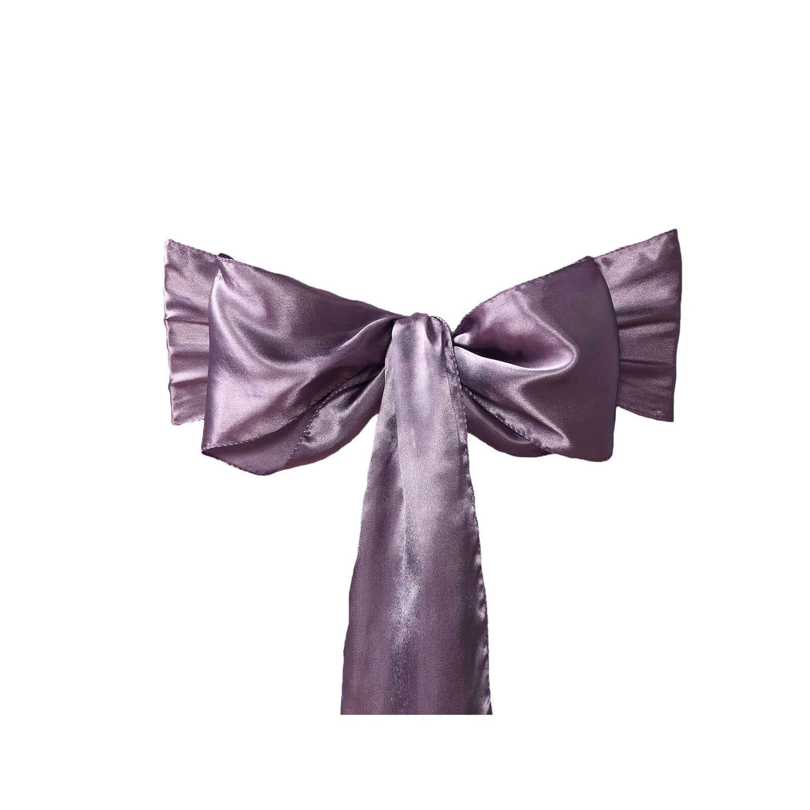 5 Pack Satin Chair Sashes Violet Amethyst - Durable Chair Bows with Shiny Finish 6"x106" - Linen Luxes