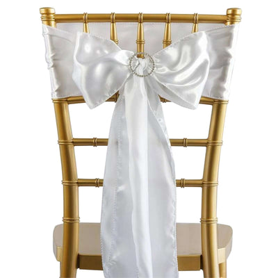 5 Pack Satin Chair Sashes White - Durable Chair Bows with Shiny Finish for Classy Event Chair Decor 6"x106" - Linen Luxes