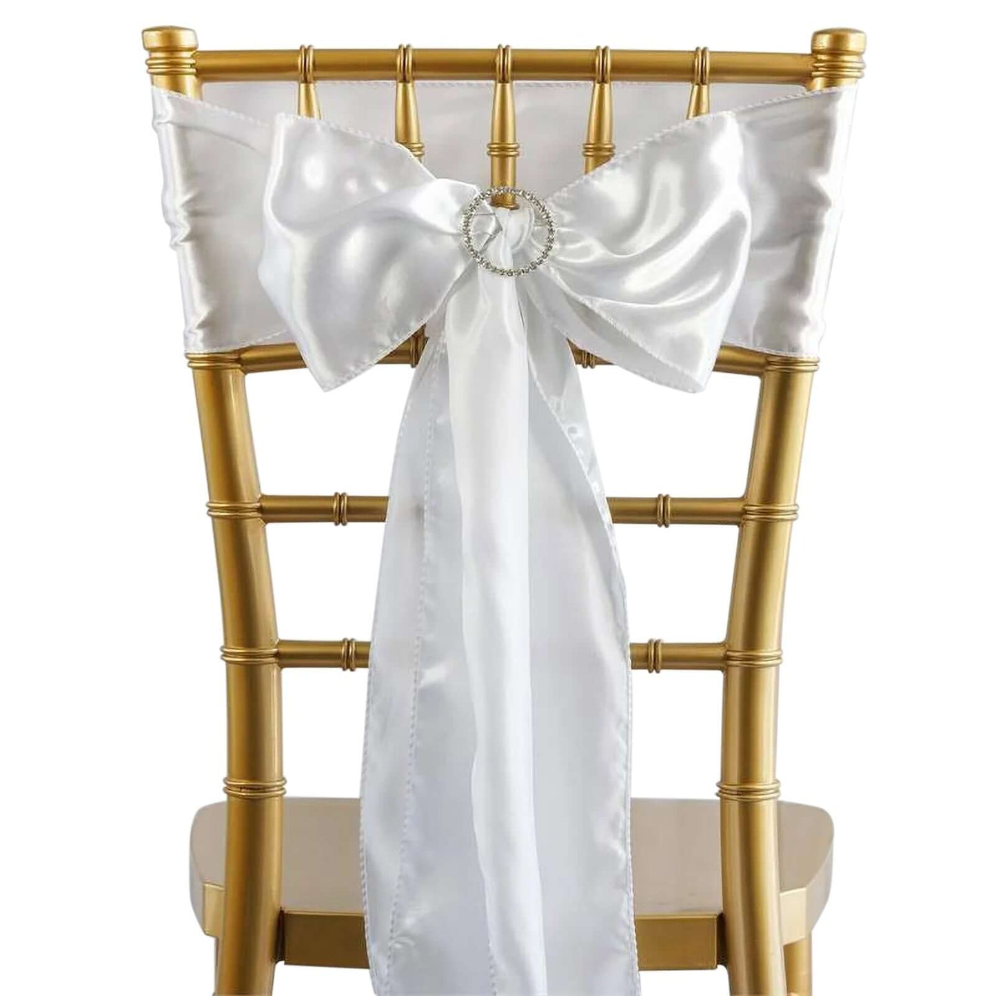5 Pack Satin Chair Sashes White - Durable Chair Bows with Shiny Finish for Classy Event Chair Decor 6"x106" - Linen Luxes