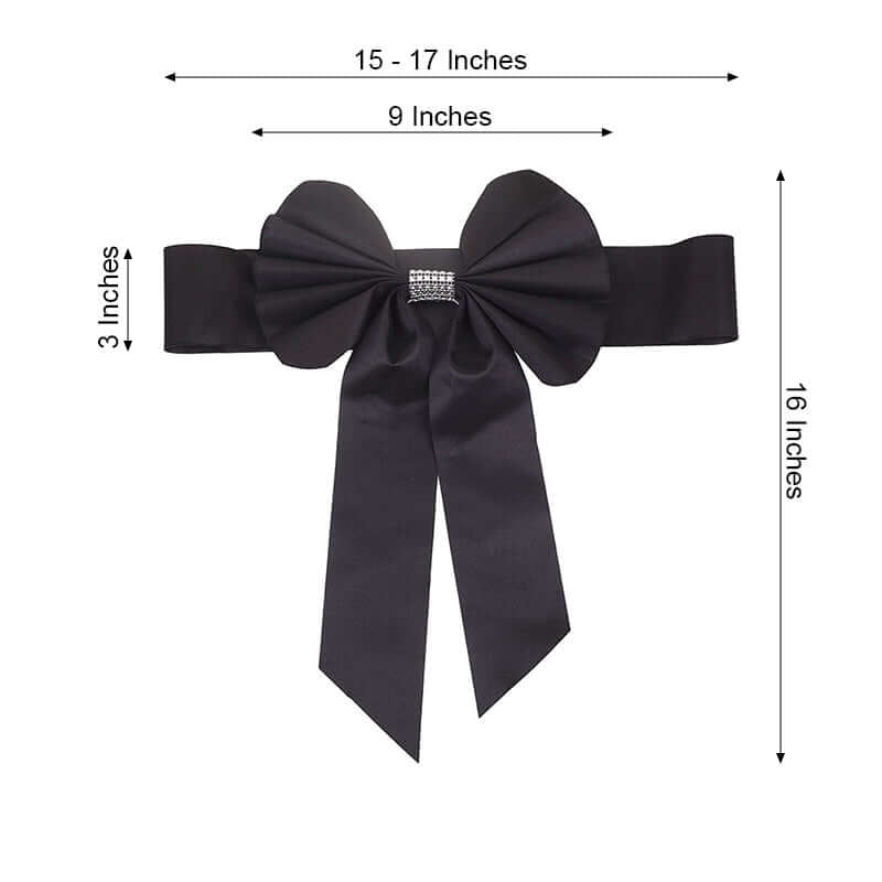 5 Pack Satin Faux Leather Chair Sashes Black - Durable Double Sided Pre - tied Bow Tie Chair Bands with Diamond Rhinestone Buckles Luxurious Party Decor - Linen Luxes