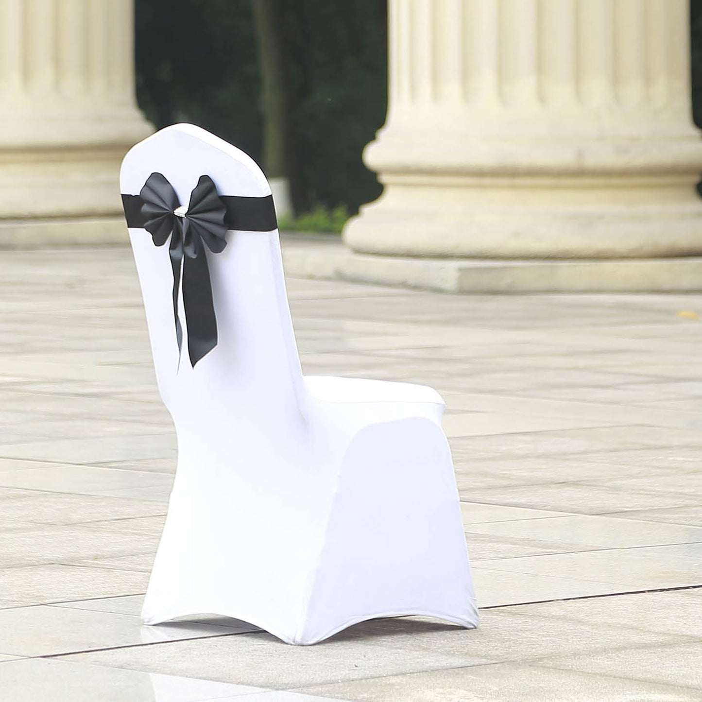 5 Pack Satin Faux Leather Chair Sashes Black - Durable Double Sided Pre - tied Bow Tie Chair Bands with Diamond Rhinestone Buckles Luxurious Party Decor - Linen Luxes