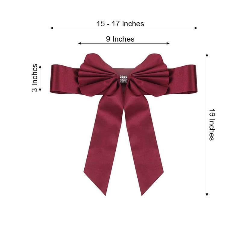 5 Pack Satin Faux Leather Chair Sashes Burgundy - Durable Double Sided Pre - tied Bow Tie Chair Bands with Diamond Rhinestone Buckles - Linen Luxes
