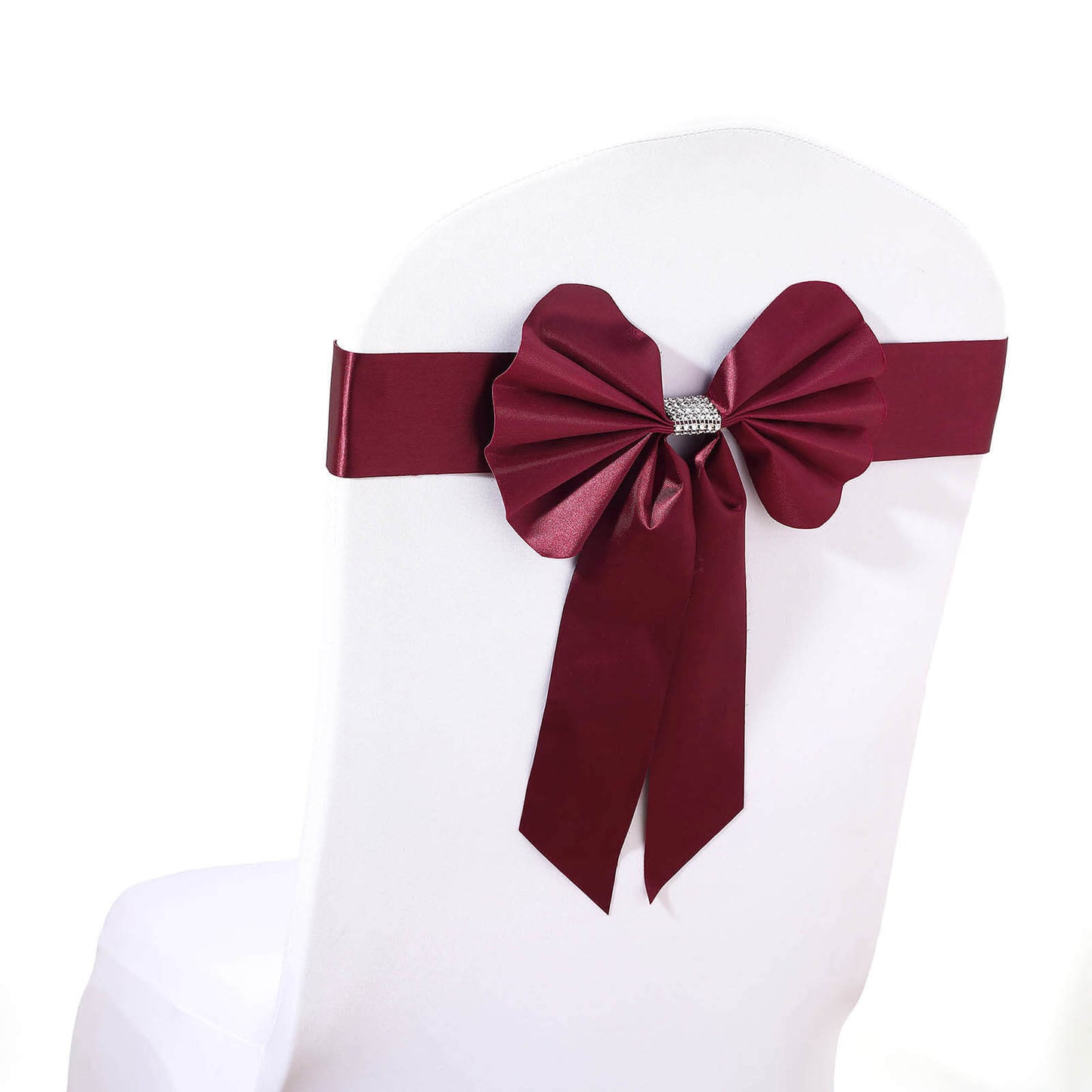 5 Pack Satin Faux Leather Chair Sashes Burgundy - Durable Double Sided Pre - tied Bow Tie Chair Bands with Diamond Rhinestone Buckles - Linen Luxes