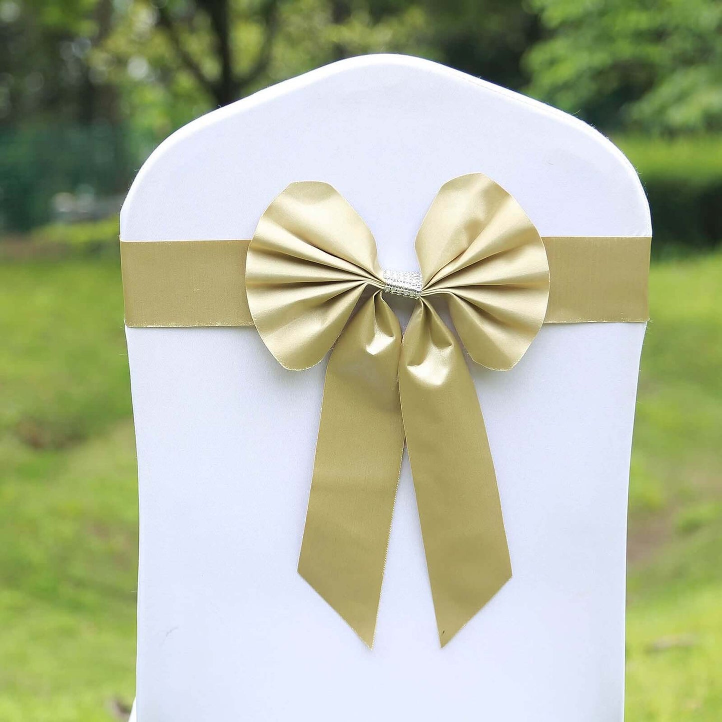 5 Pack Satin Faux Leather Chair Sashes Champagne - Durable Double Sided Pre - tied Bow Tie Chair Bands with Diamond Rhinestone Buckles - Linen Luxes