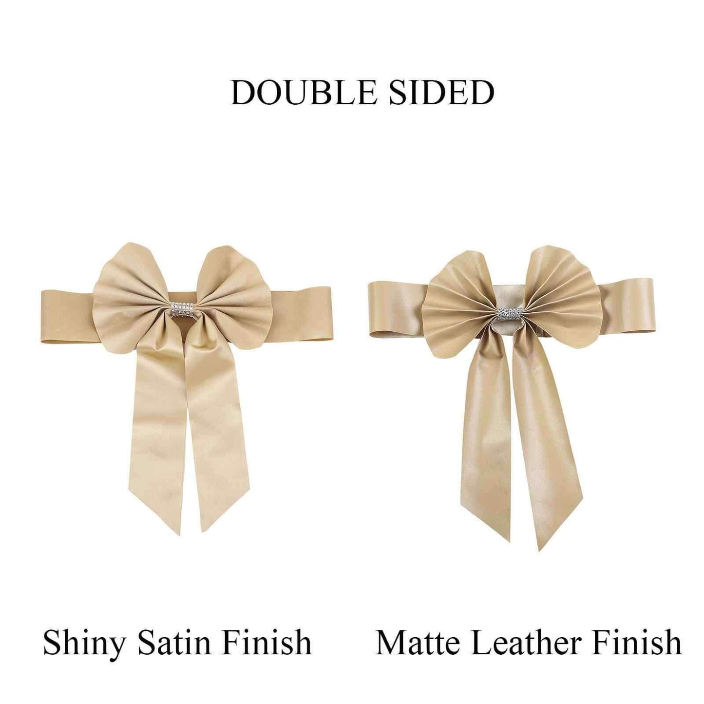 5 Pack Satin Faux Leather Chair Sashes Champagne - Durable Double Sided Pre - tied Bow Tie Chair Bands with Diamond Rhinestone Buckles - Linen Luxes