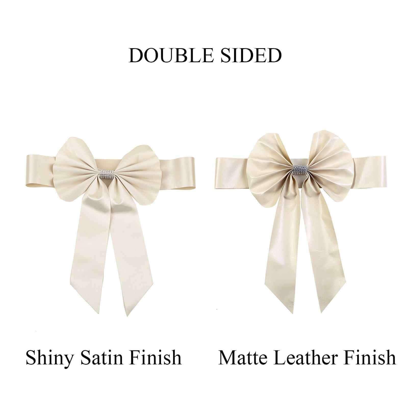 5 Pack Satin Faux Leather Chair Sashes Ivory - Durable Double Sided Pre - tied Bow Tie Chair Bands with Diamond Rhinestone Buckles - Linen Luxes