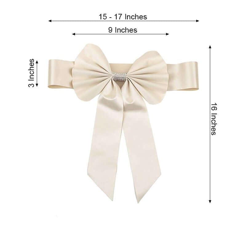 5 Pack Satin Faux Leather Chair Sashes Ivory - Durable Double Sided Pre - tied Bow Tie Chair Bands with Diamond Rhinestone Buckles - Linen Luxes