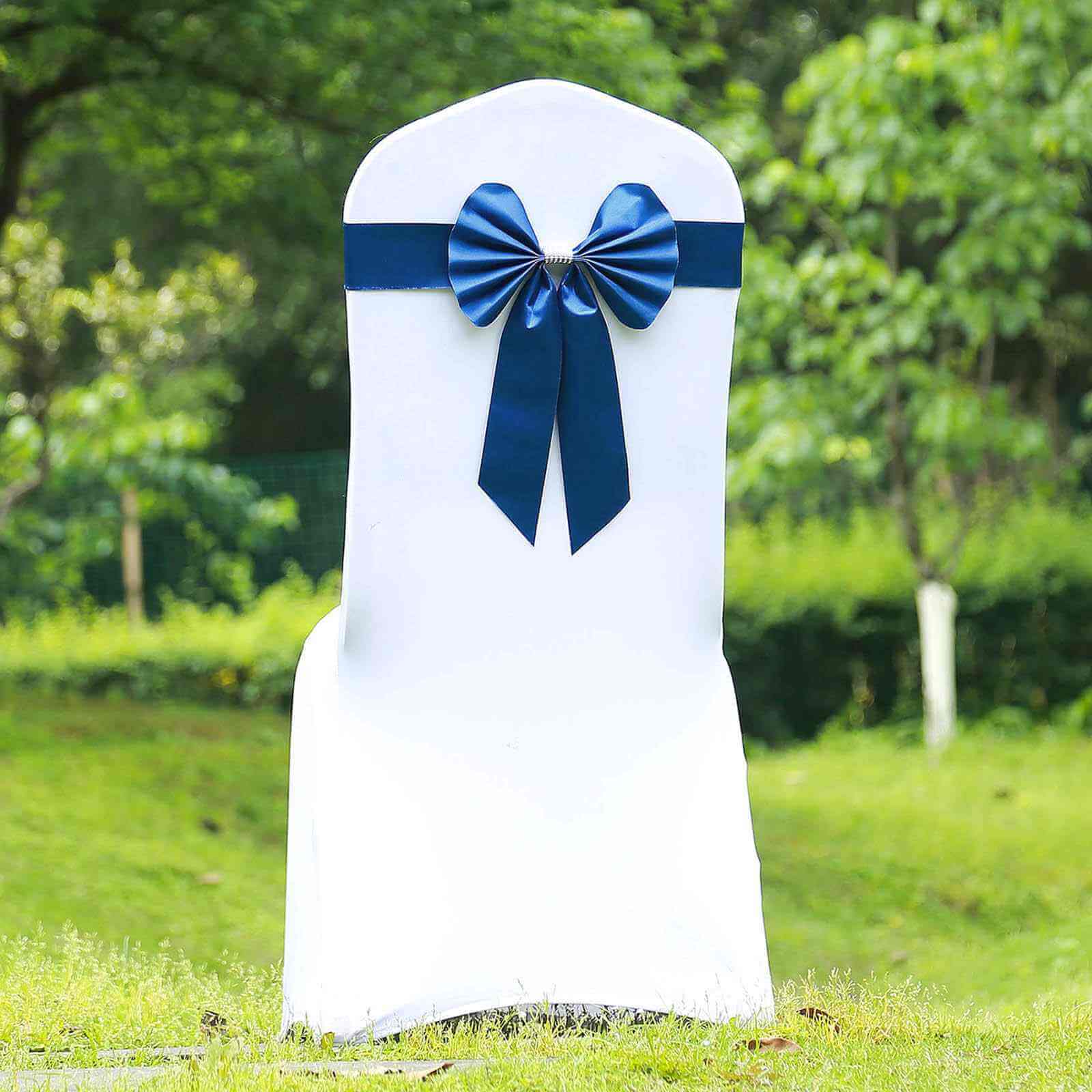 5 Pack Satin Faux Leather Chair Sashes Royal Blue - Durable Double Sided Pre - tied Bow Tie Chair Bands with Diamond Rhinestone Buckles - Linen Luxes